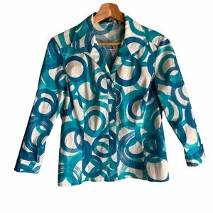 Lafayette 148 New York Blue White Circle Print V-Neck Button Up Top